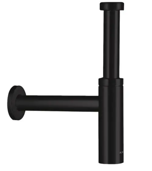 Siphon in Mattschwarz mit horizontalem und vertikalem Anschluss, hergestellt von AXOR. Das Produkt hat eine schlichte, funktionale Form ohne sichtbare Dekoration.